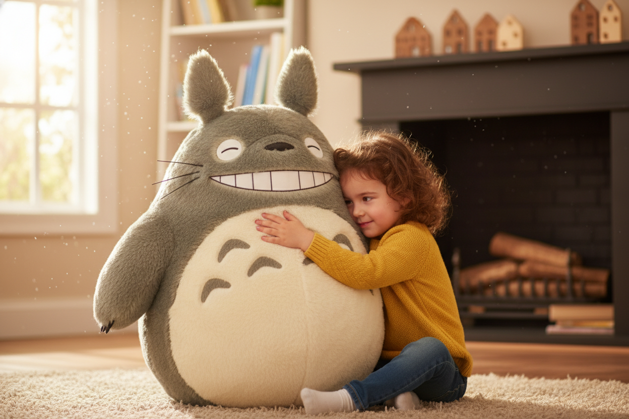 large classic mouth totoro plushie held by little girl