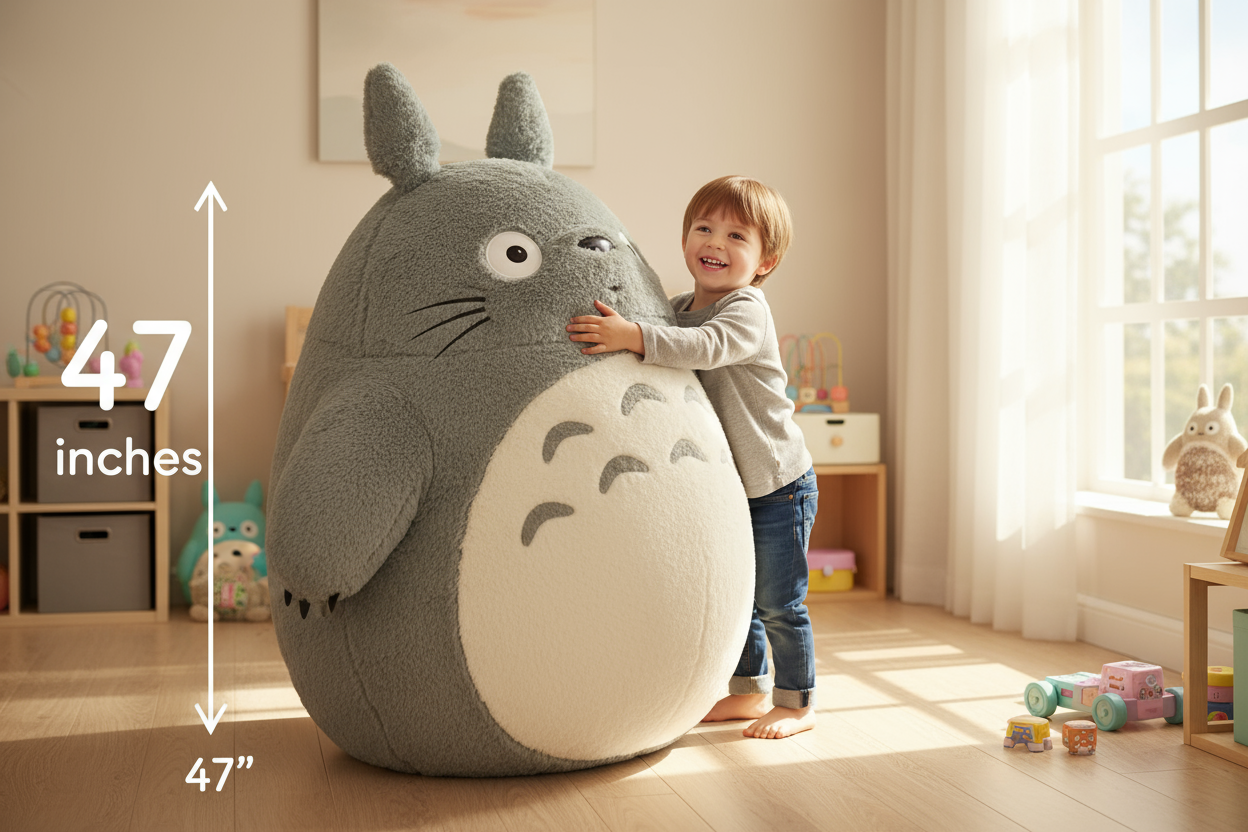A 47 inch tall totoro plushiebeing held by a child. Please display the height size.