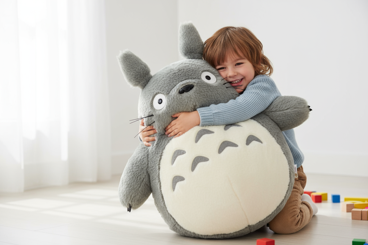 large totoro plushie being hugged by a child